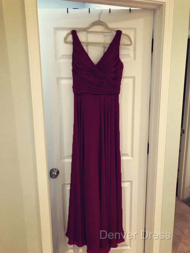 A Line Pleated Chiffon V Neck Long Bridesmaid Dresses
