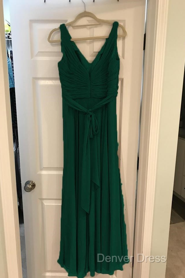 A Line Pleated Chiffon V Neck Long Bridesmaid Dresses