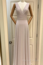 A Line Pleated Chiffon V Neck Long Bridesmaid Dresses