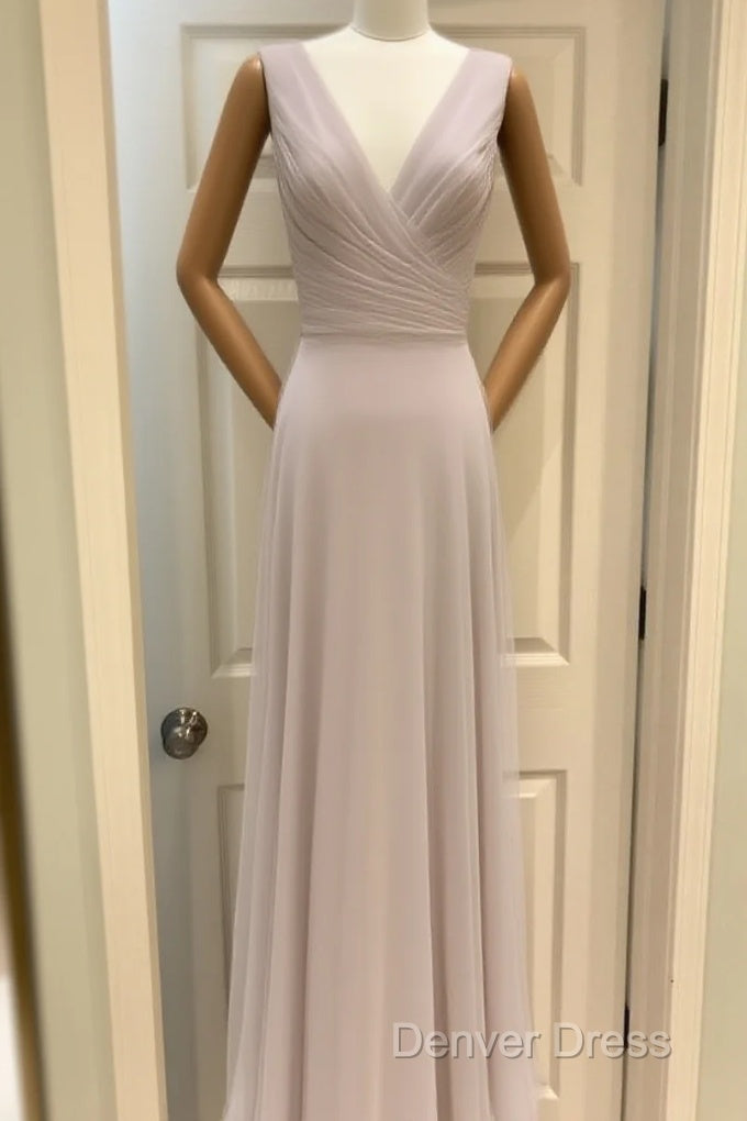 A Line Pleated Chiffon V Neck Long Bridesmaid Dresses