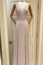 A Line Pleated Chiffon V Neck Long Bridesmaid Dresses