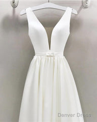 A-Line Plunge Neck Floor Length Satin Wedding Dresses