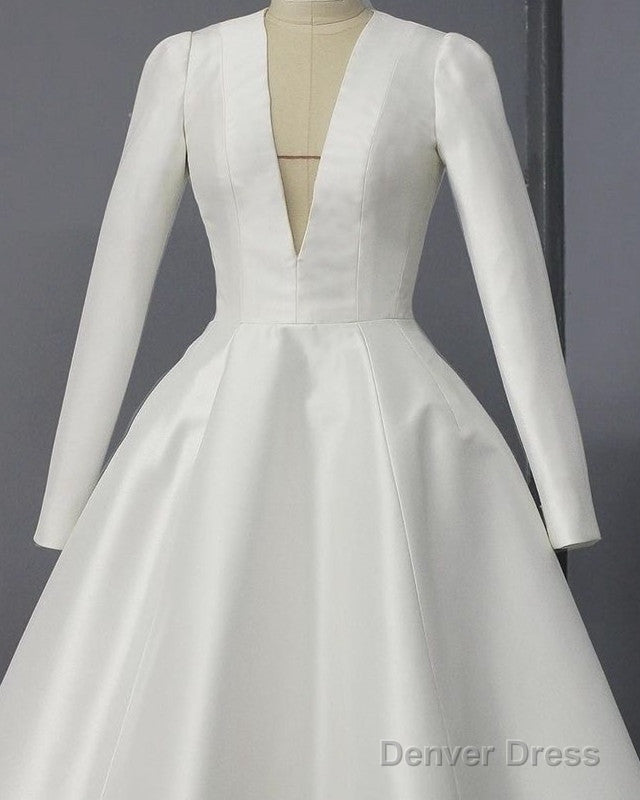 A Line Plunge Neck Tea Length Satin Wedding Dresses Secondary image