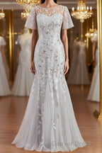 A Line Bateau Floor Length Tulle Mother of the Bride Dresses With Ruffles