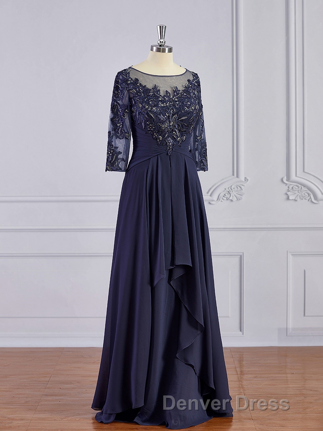 A Line Bateau Floor Length Chiffon Mother of the Bride Dresses With Appliques Lace