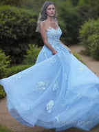 A Line Bateau Sweep Train Tulle Prom Dresses With Appliques Lace