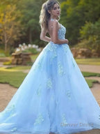 A Line Bateau Sweep Train Tulle Prom Dresses With Appliques Lace