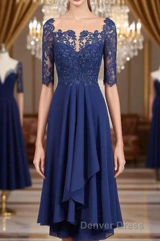 A Line Bateau Tea Length Chiffon Mother of the Bride Dresses With Appliques Lace
