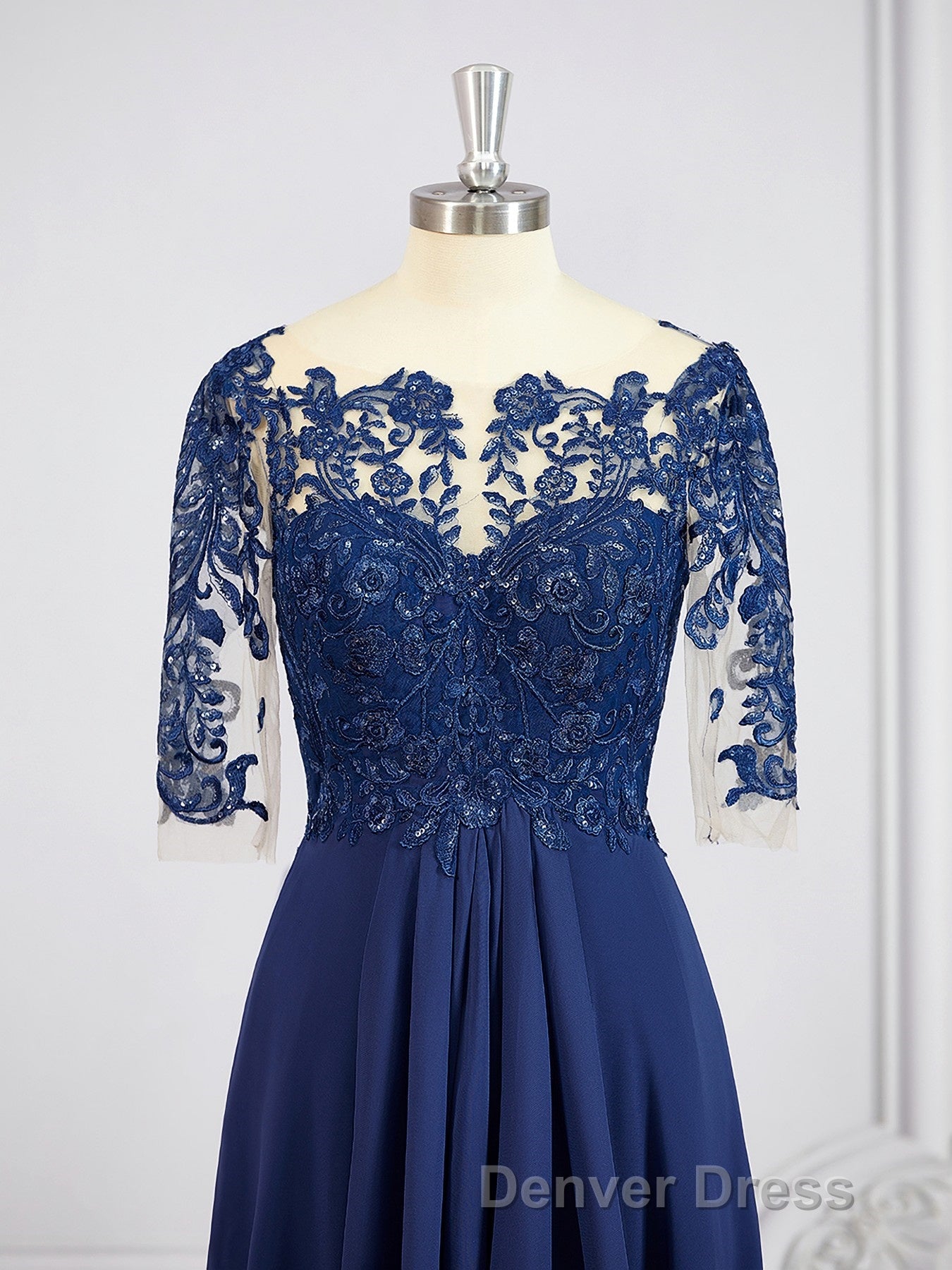 A Line Bateau Tea Length Chiffon Mother of the Bride Dresses With Appliques Lace