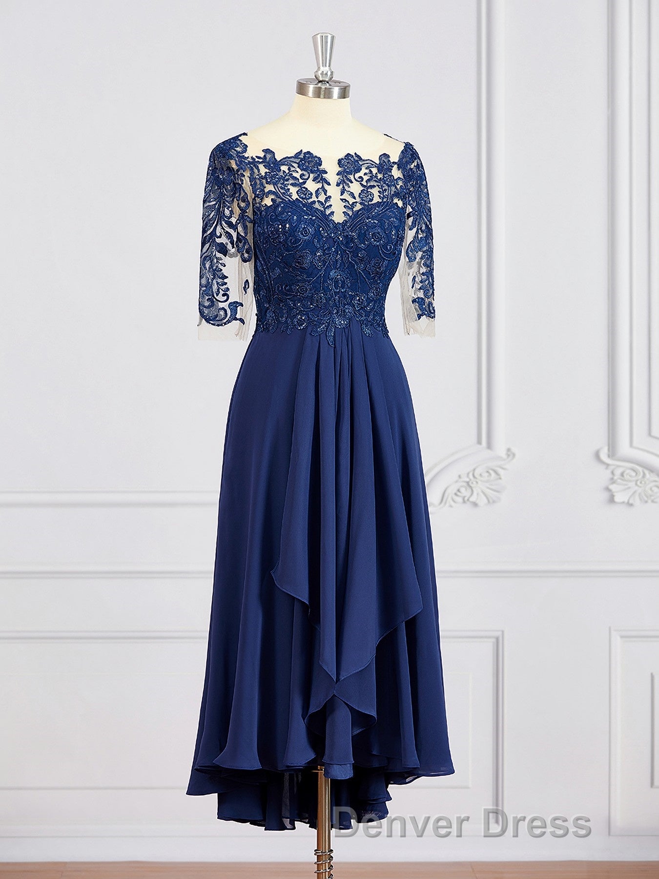 A Line Bateau Tea Length Chiffon Mother of the Bride Dresses With Appliques Lace