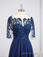 A Line Bateau Tea Length Chiffon Mother of the Bride Dresses With Appliques Lace