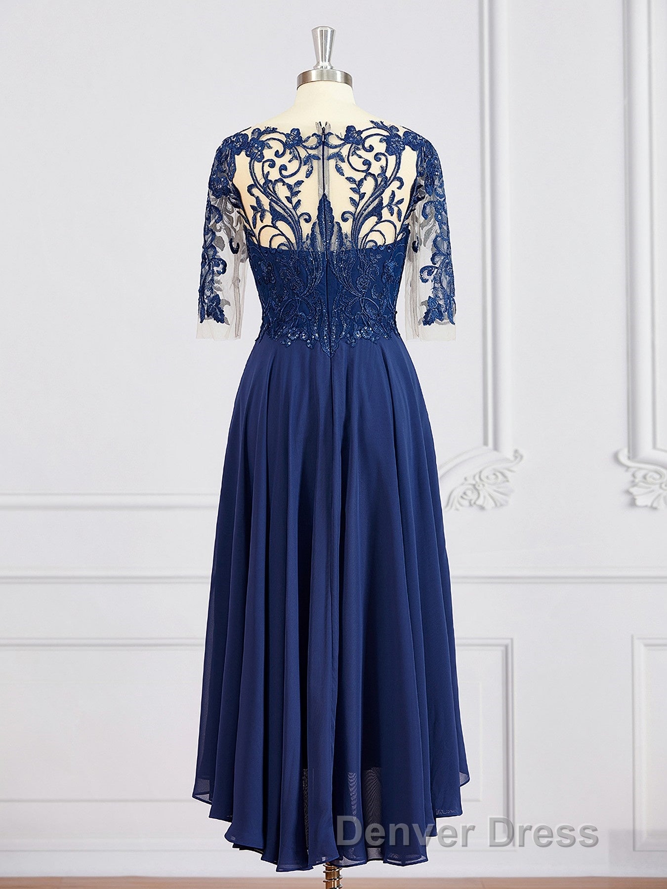 A Line Bateau Tea Length Chiffon Mother of the Bride Dresses With Appliques Lace