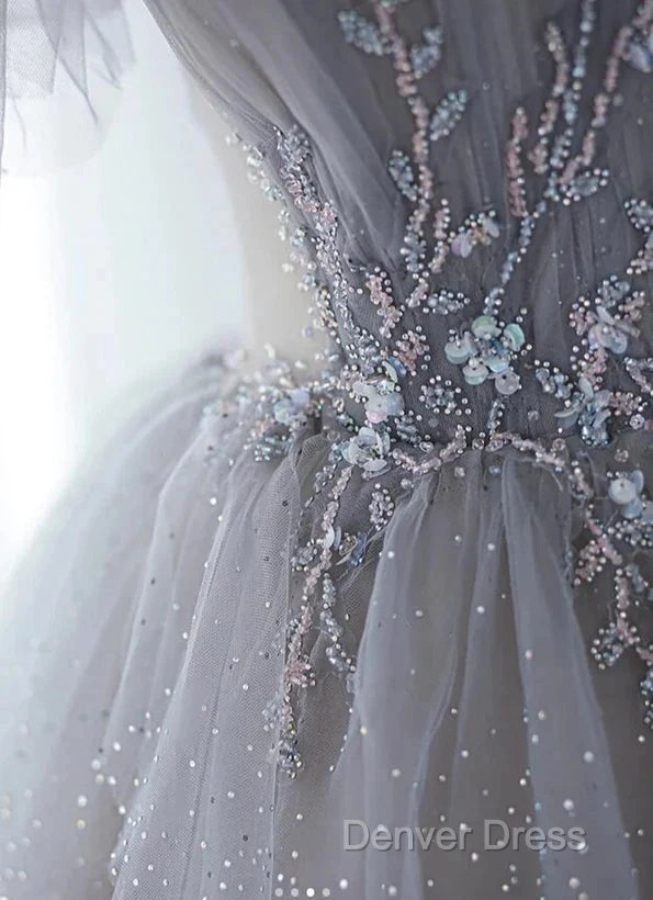 A-Line Princess Grey Beaded Layers Glitter Tulle Long Formal Dresses Off Shoulder Prom Dresses