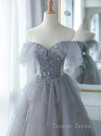 A-Line Princess Grey Beaded Layers Glitter Tulle Long Formal Dresses Off Shoulder Prom Dresses