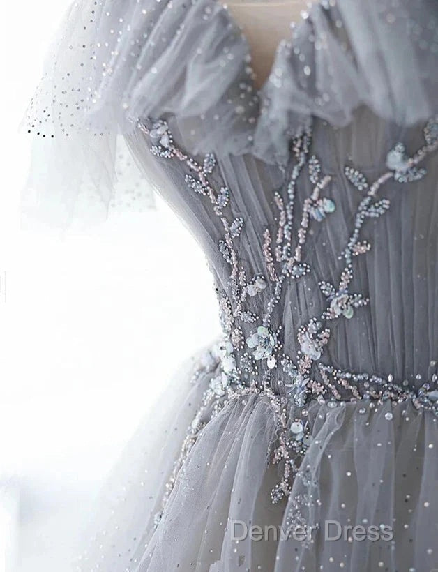 A-Line Princess Grey Beaded Layers Glitter Tulle Long Formal Dresses Off Shoulder Prom Dresses