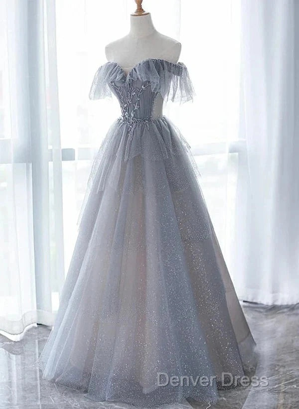 A-Line Princess Grey Beaded Layers Glitter Tulle Long Formal Dresses Off Shoulder Prom Dresses
