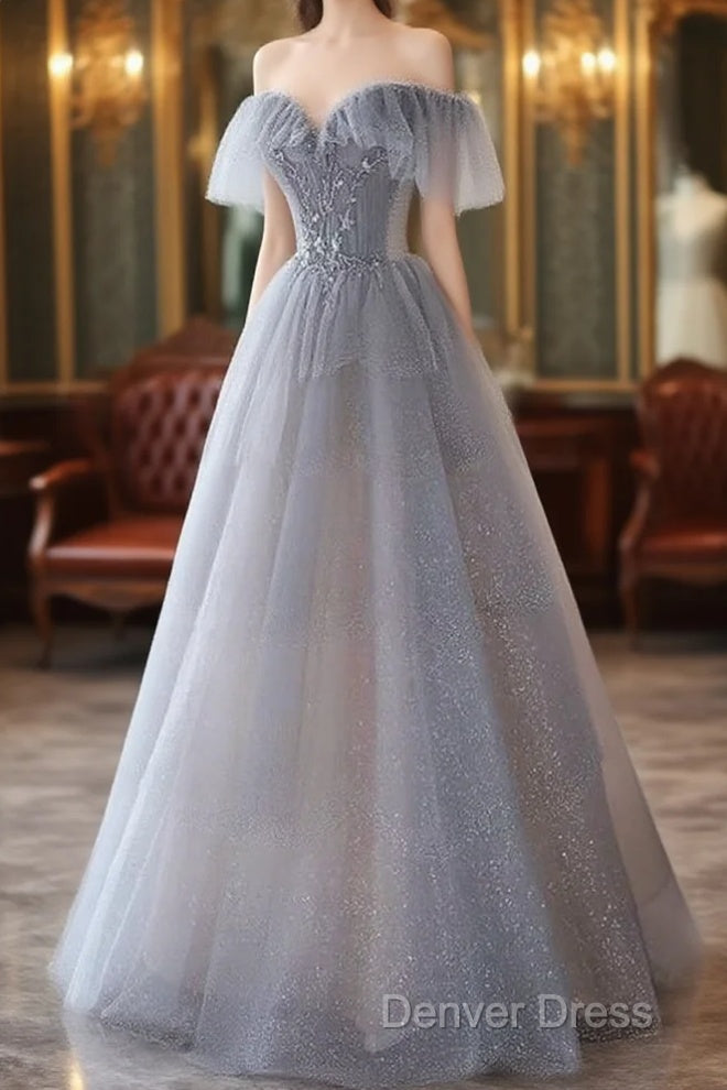 A-Line Princess Grey Beaded Layers Glitter Tulle Long Formal Dresses Off Shoulder Prom Dresses Main image