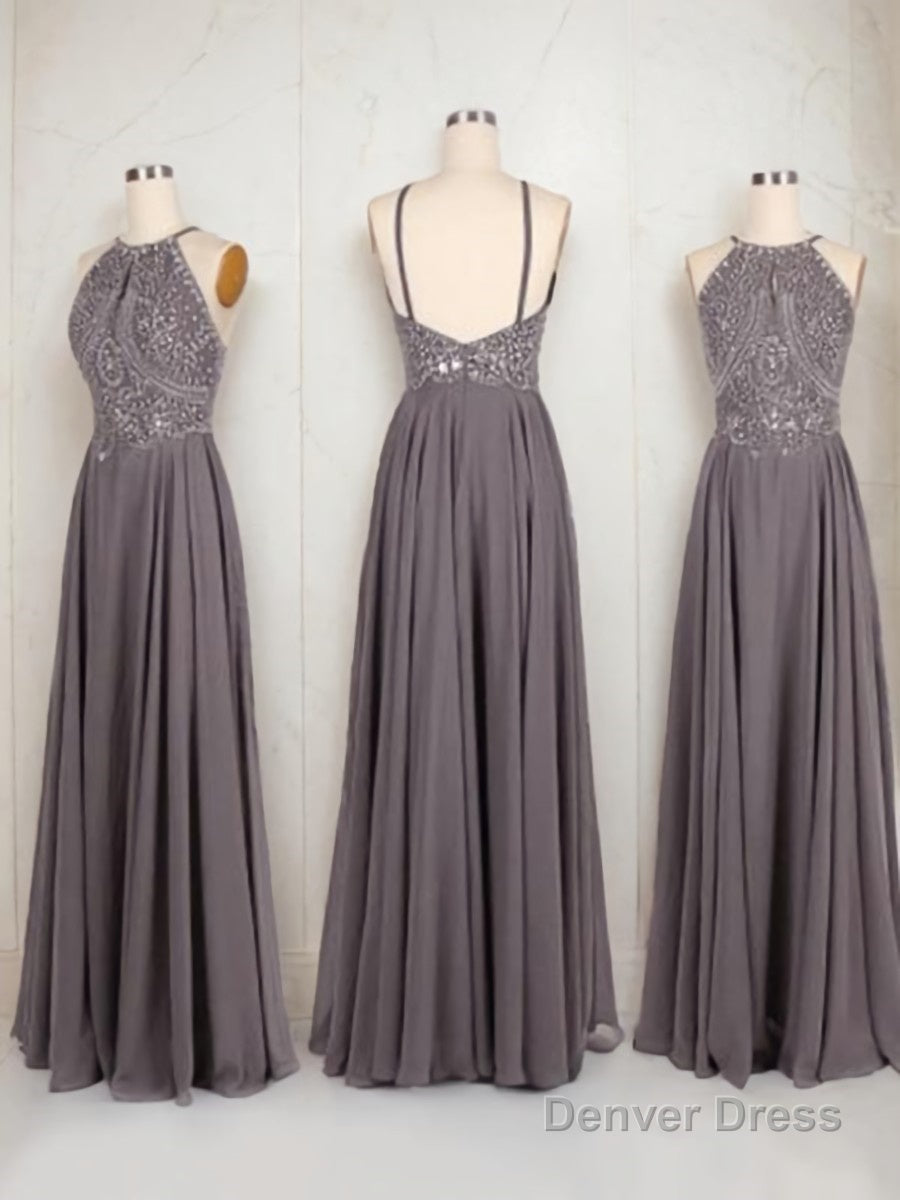 A Line Halter Floor Length Chiffon Prom Dresses With Beading