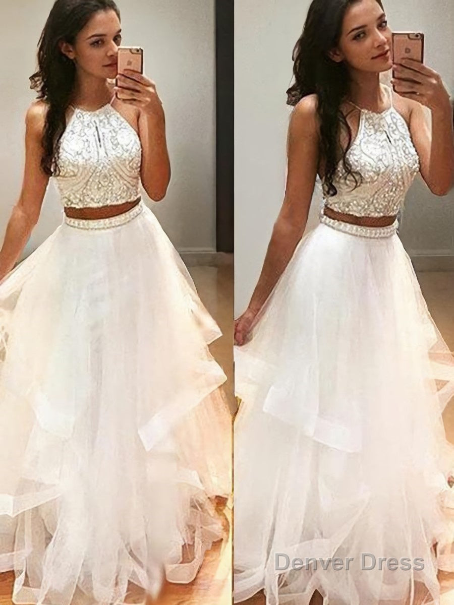 A Line Halter Floor Length Tulle Prom Dresses
