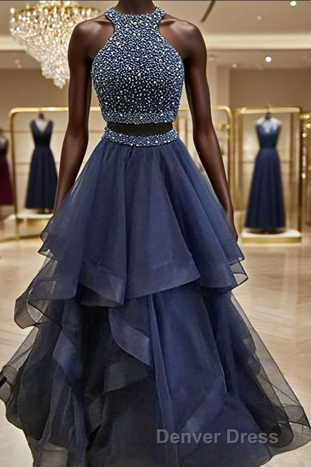A-Line/Princess Halter Floor-Length Tulle Prom Dresses