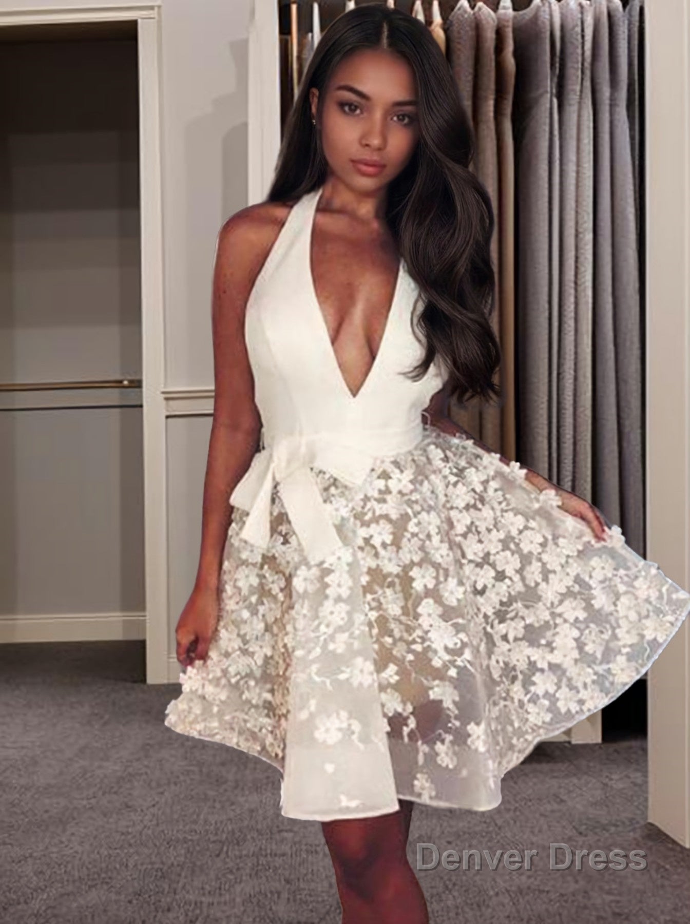 A Line Halter Short Mini Organza Homecoming Dresses With Appliques Lace Main image