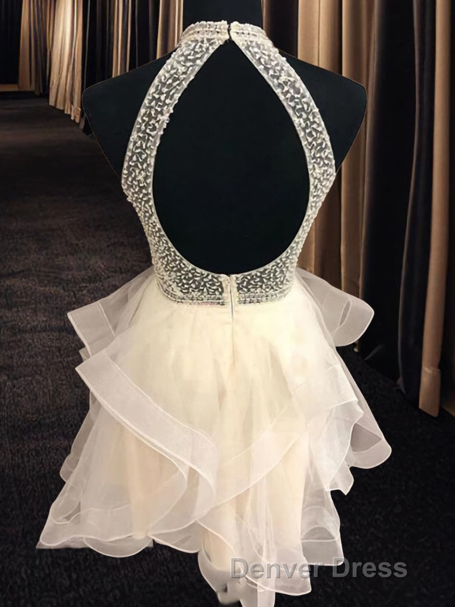 A Line Halter Short Mini Organza Homecoming Dresses With Beading Secondary image