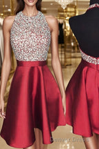 A Line Halter Short Mini Satin Homecoming Dresses With Beading
