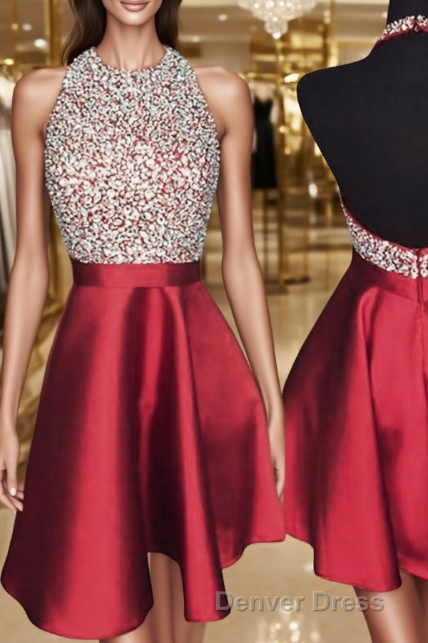 A Line Halter Short Mini Satin Homecoming Dresses With Beading