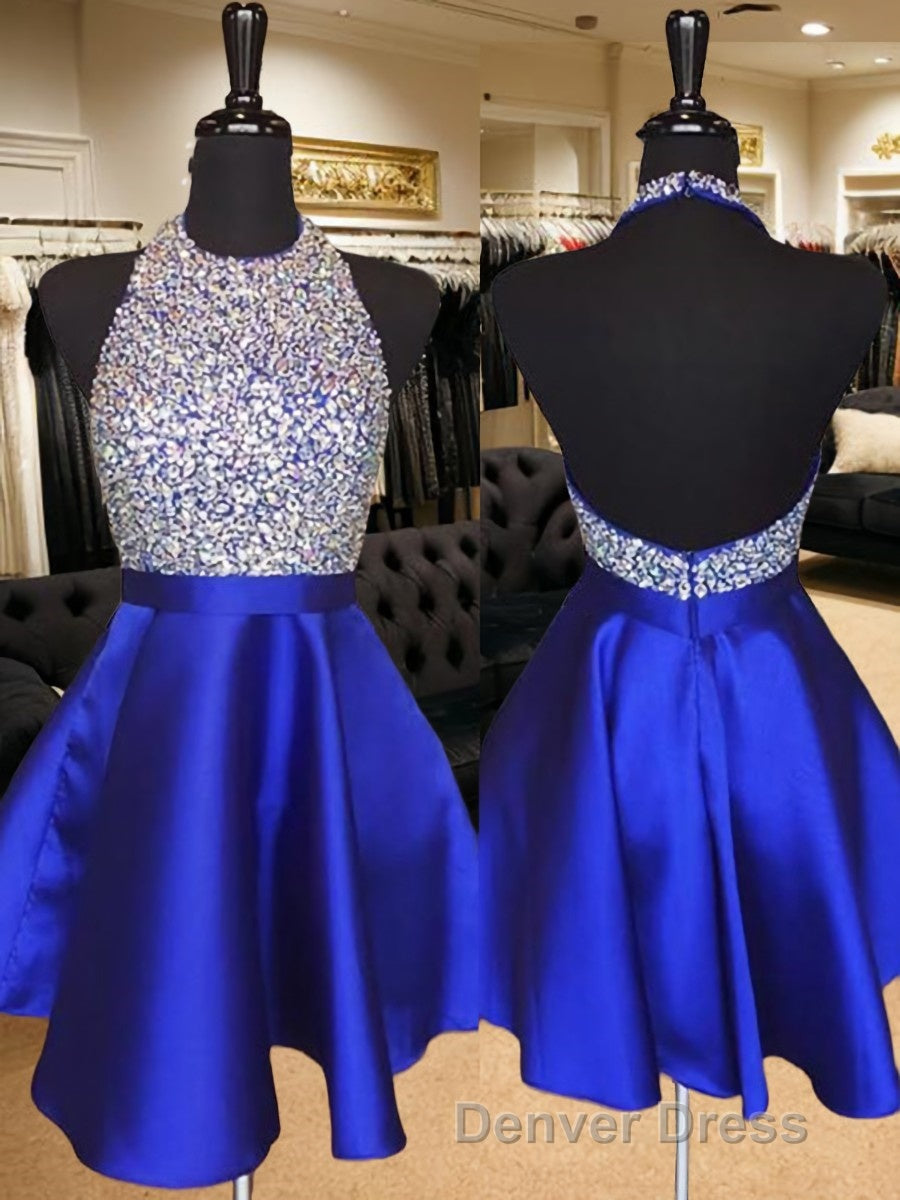 A Line Halter Short Mini Satin Homecoming Dresses With Beading