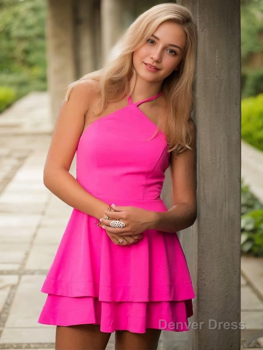 A Line Halter Short Mini Stretch Crepe Homecoming Dresses With Ruffles