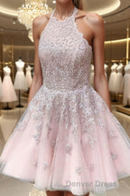 A Line Halter Short Mini Tulle Homecoming Dresses With Appliques Lace