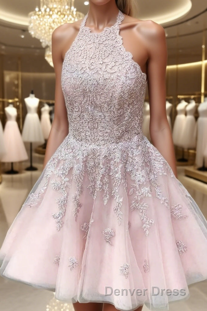 A Line Halter Short Mini Tulle Homecoming Dresses With Appliques Lace