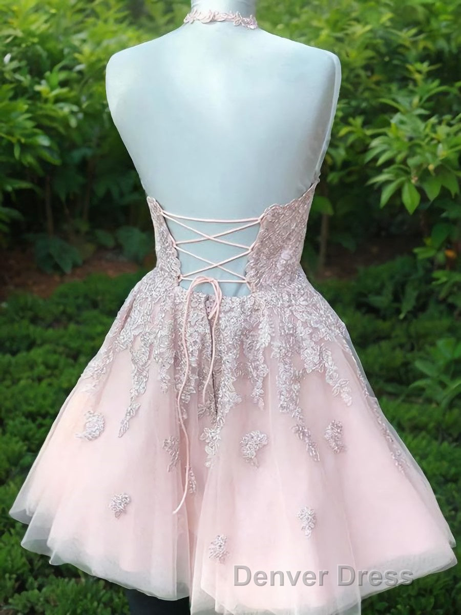 A Line Halter Short Mini Tulle Homecoming Dresses With Appliques Lace