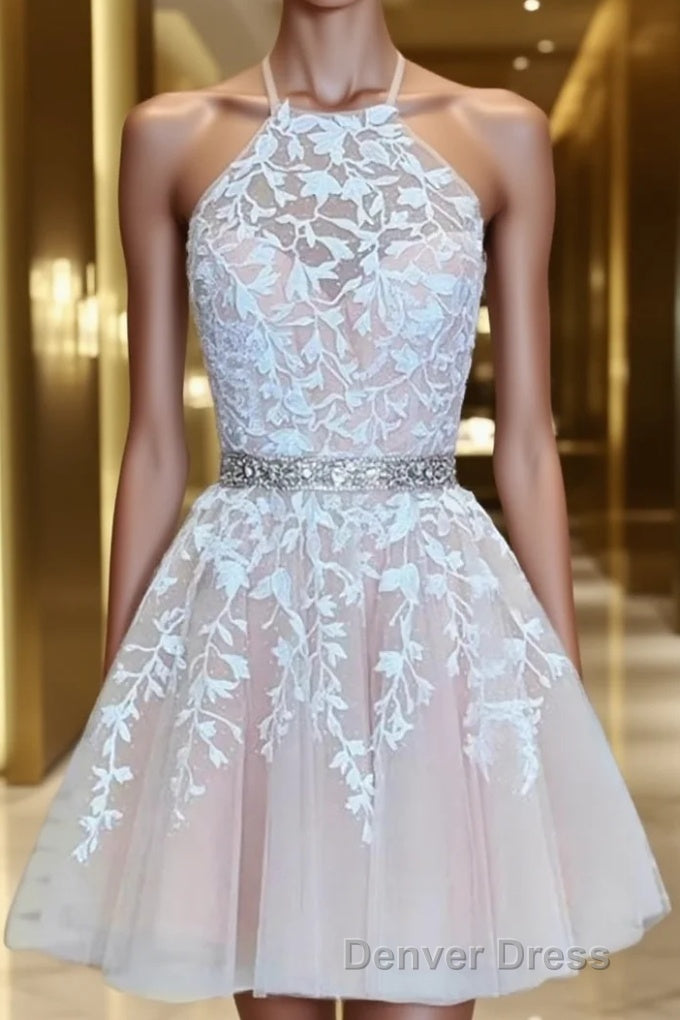 A Line Halter Short Mini Tulle Homecoming Dresses With Appliques Lace