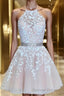 A Line Halter Short Mini Tulle Homecoming Dresses With Appliques Lace