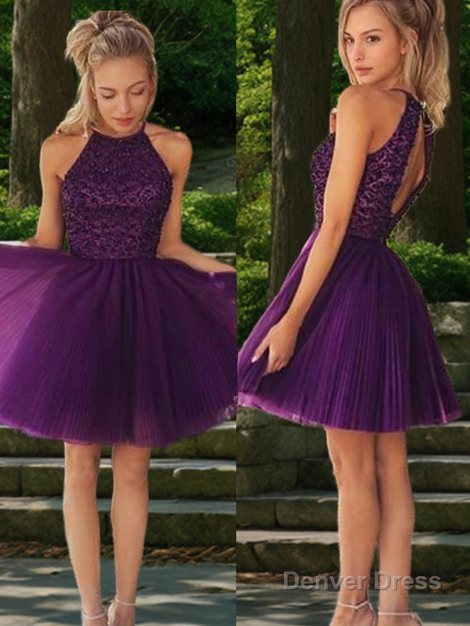 A Line Halter Short Mini Tulle Homecoming Dresses With Beading
