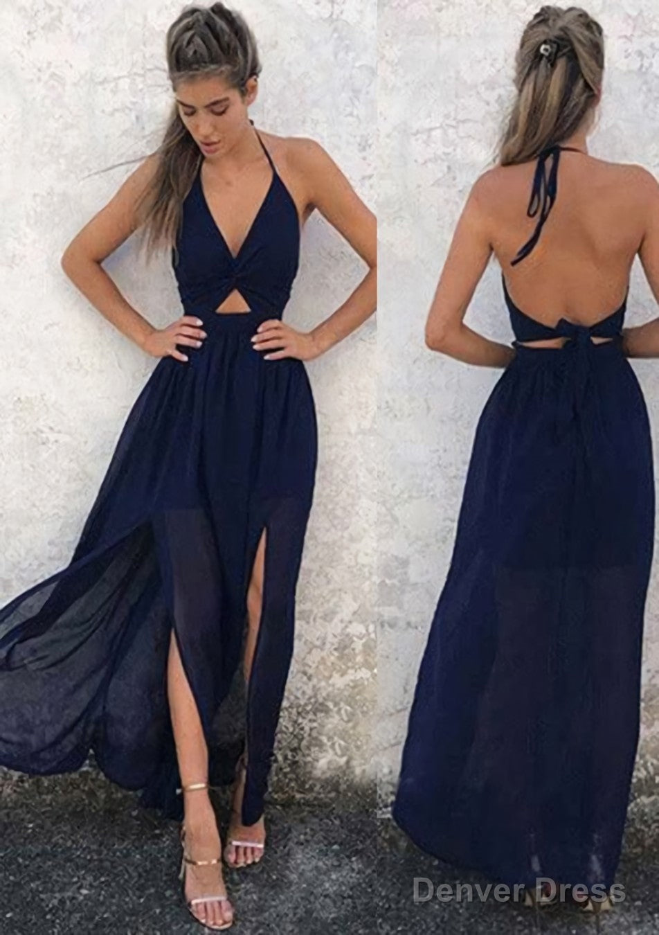 A Line Halter Sleeveless Ankle Length Chiffon Prom Dresses With Split