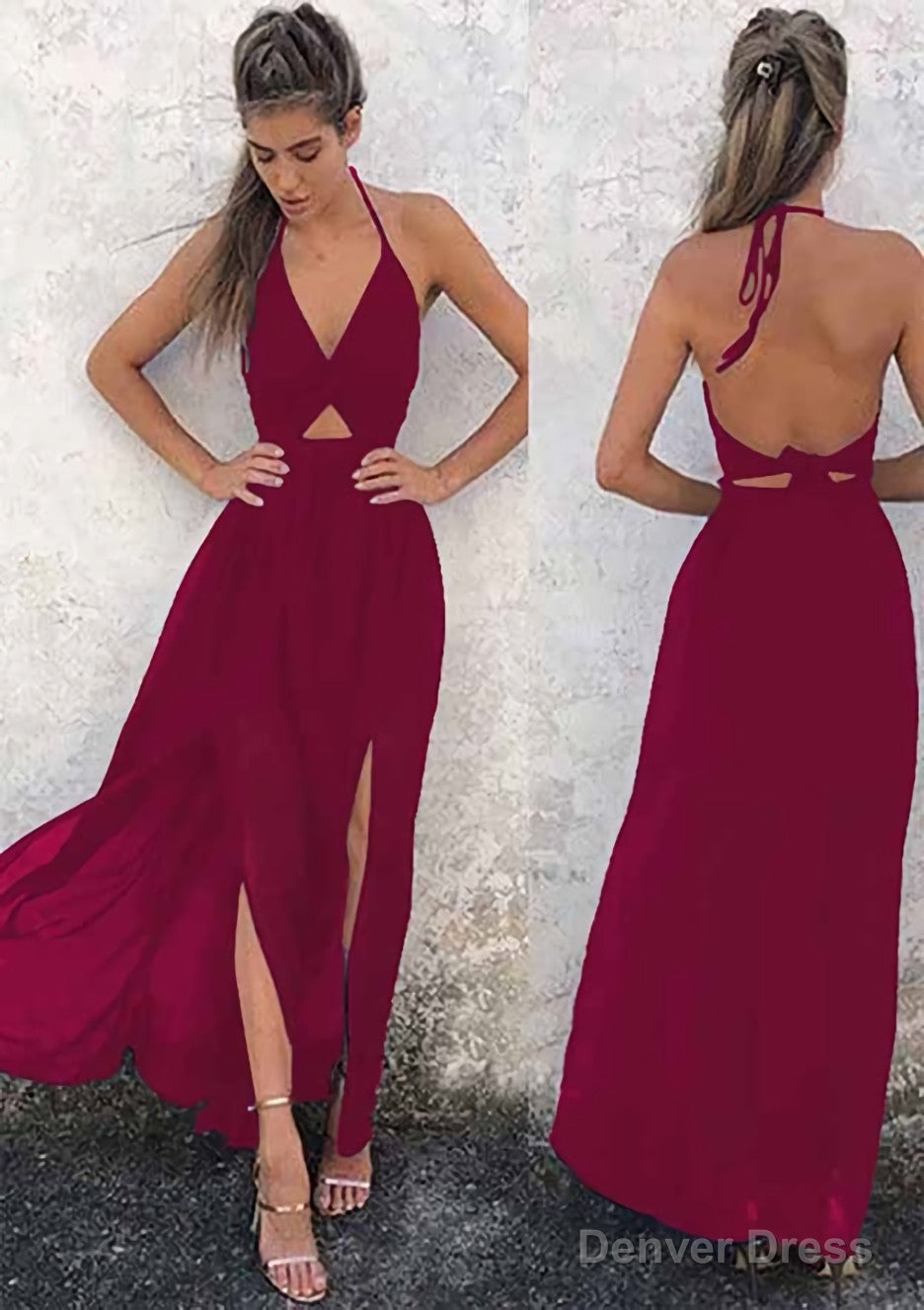 A Line Halter Sleeveless Ankle Length Chiffon Prom Dresses With Split