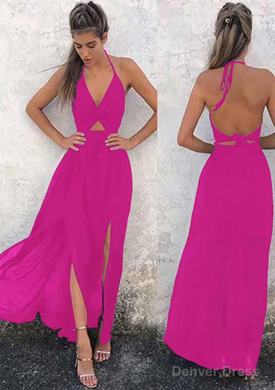 A Line Halter Sleeveless Ankle Length Chiffon Prom Dresses With Split