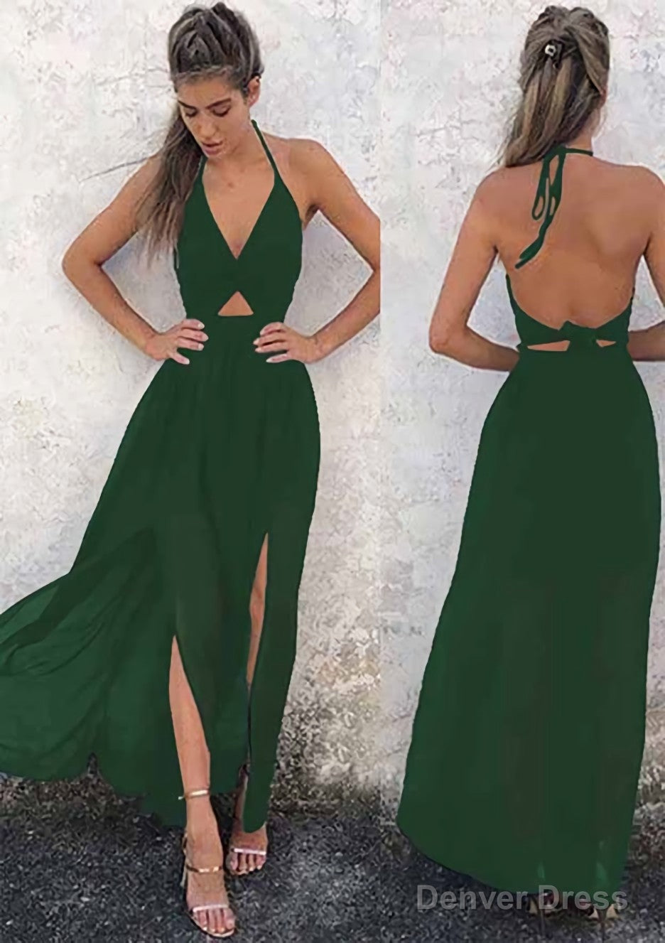 A Line Halter Sleeveless Ankle Length Chiffon Prom Dresses With Split