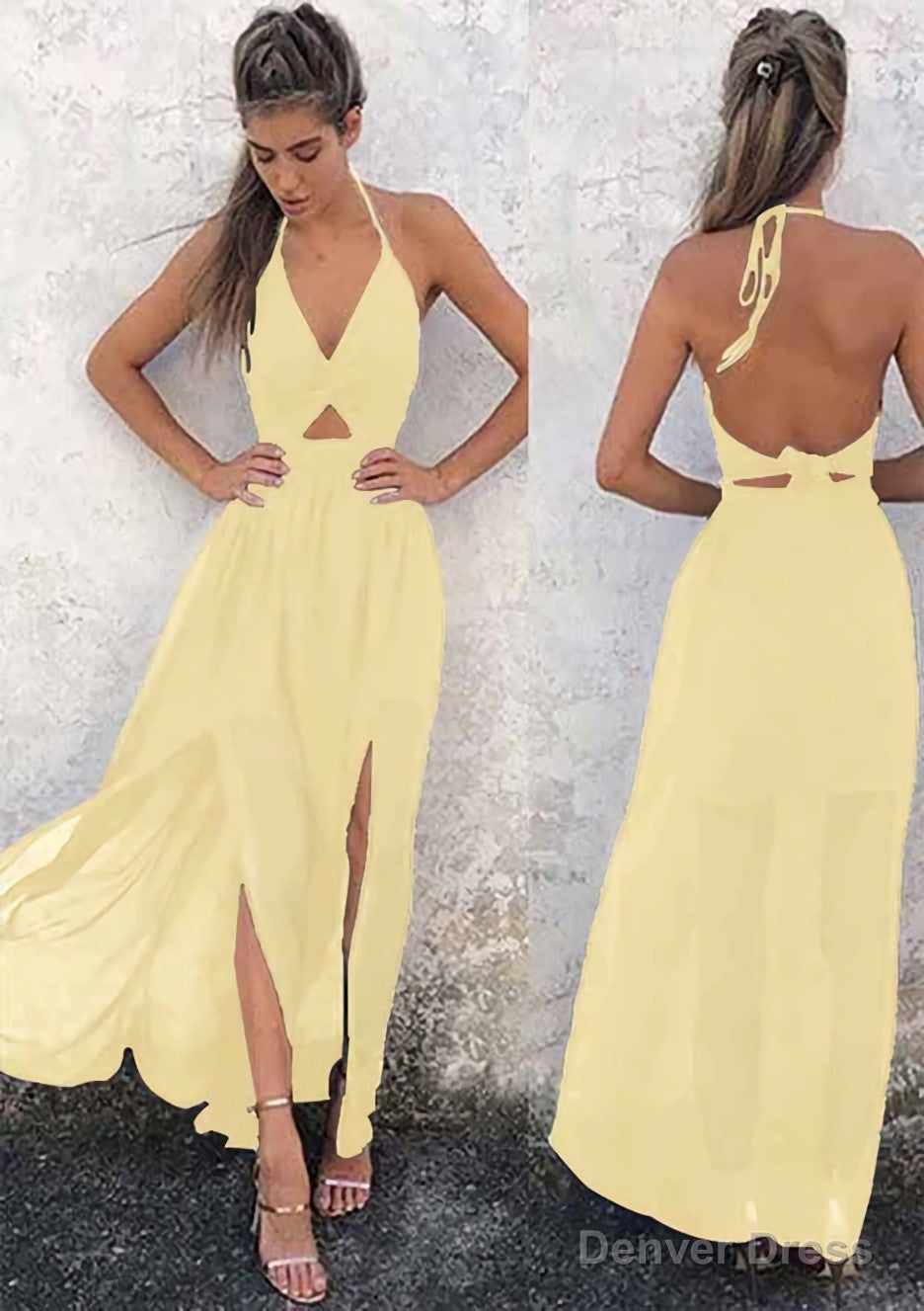 A Line Halter Sleeveless Ankle Length Chiffon Prom Dresses With Split