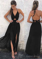 A Line Halter Sleeveless Ankle Length Chiffon Prom Dresses With Split