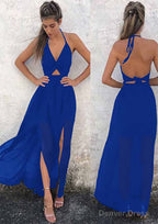 A Line Halter Sleeveless Ankle Length Chiffon Prom Dresses With Split