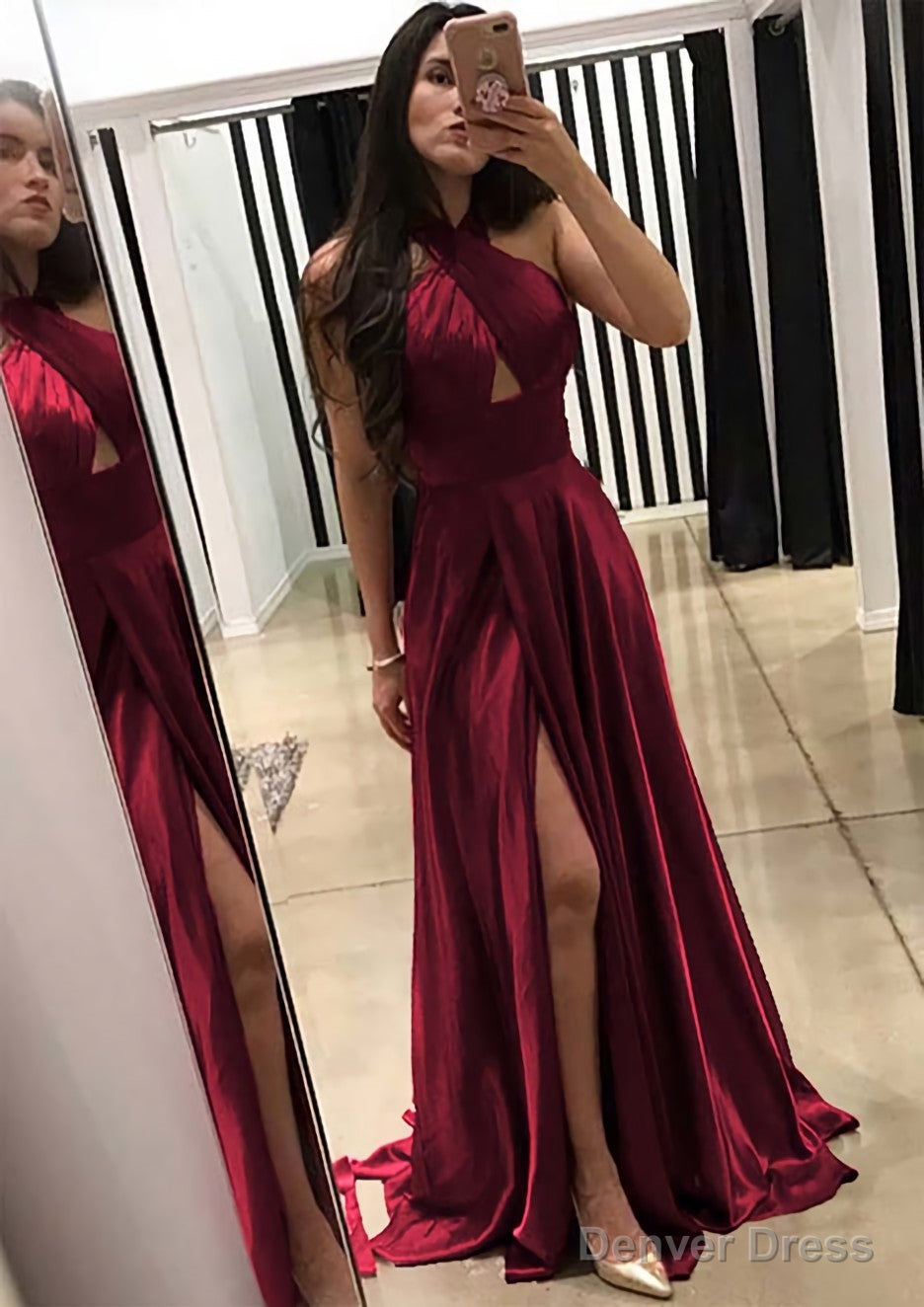 A Line Halter Sleeveless Sweep Train Charmeuse Prom Dresses With Split