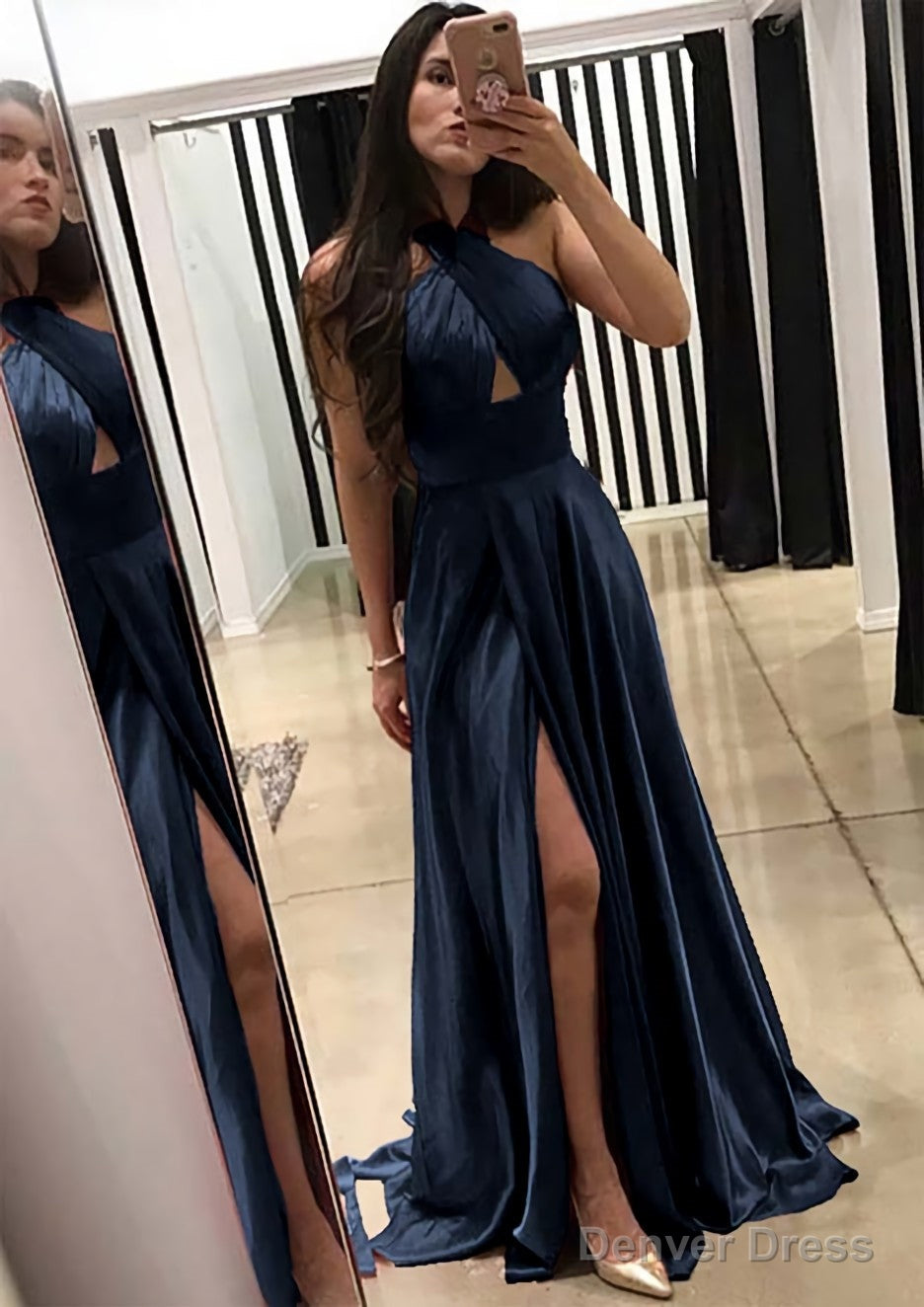 A Line Halter Sleeveless Sweep Train Charmeuse Prom Dresses With Split Secondary image