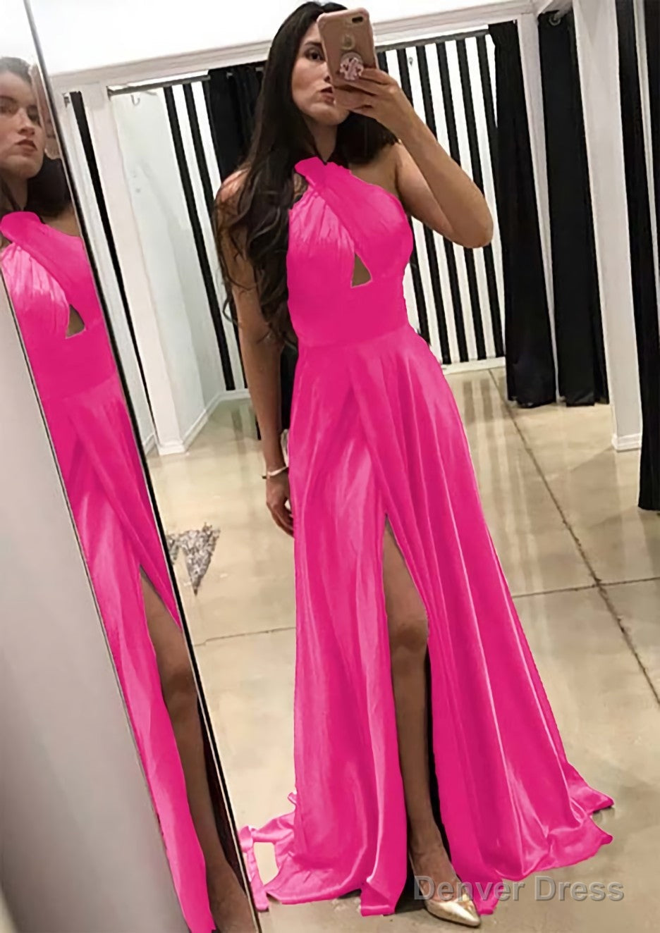 A Line Halter Sleeveless Sweep Train Charmeuse Prom Dresses With Split