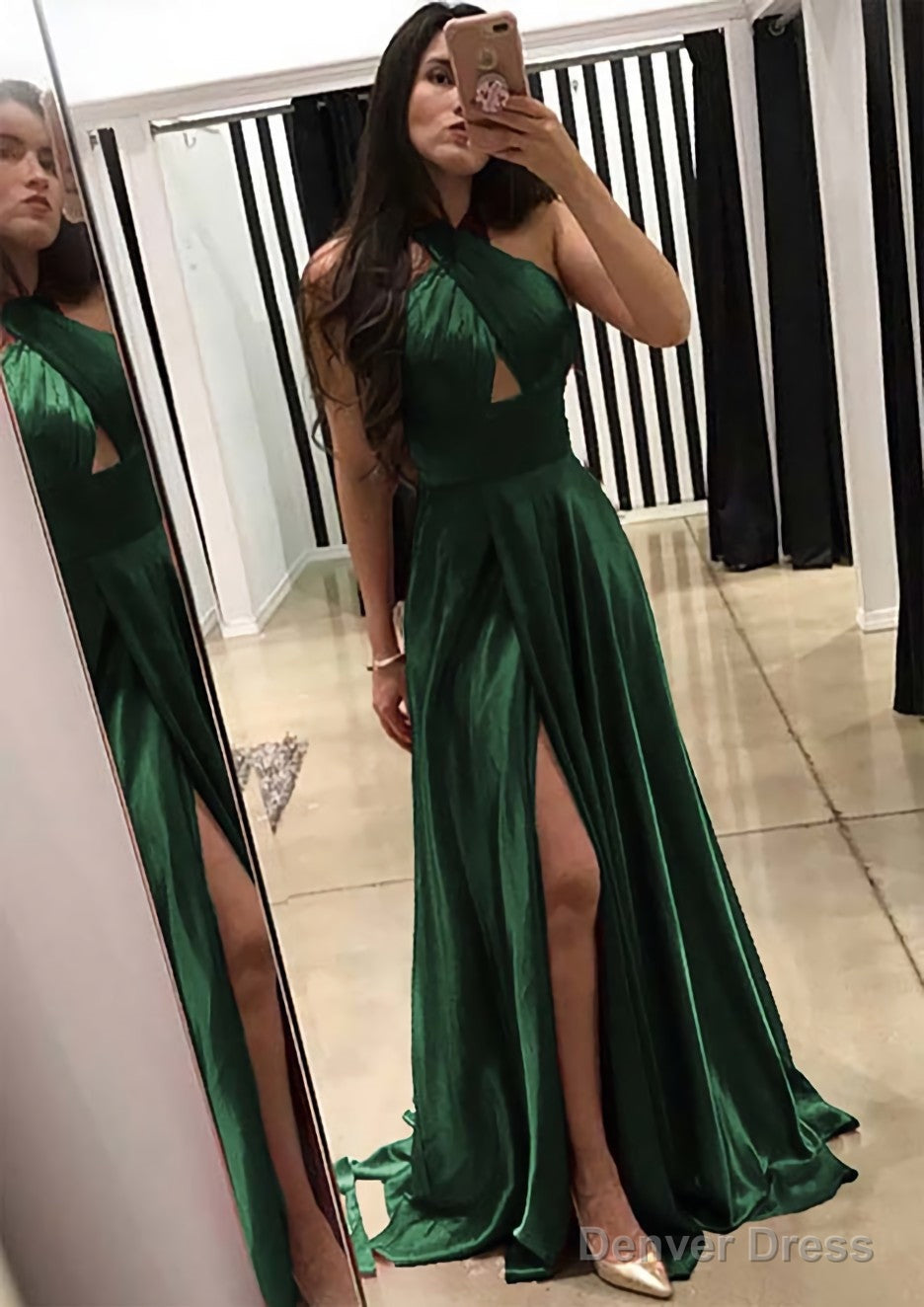 A Line Halter Sleeveless Sweep Train Charmeuse Prom Dresses With Split