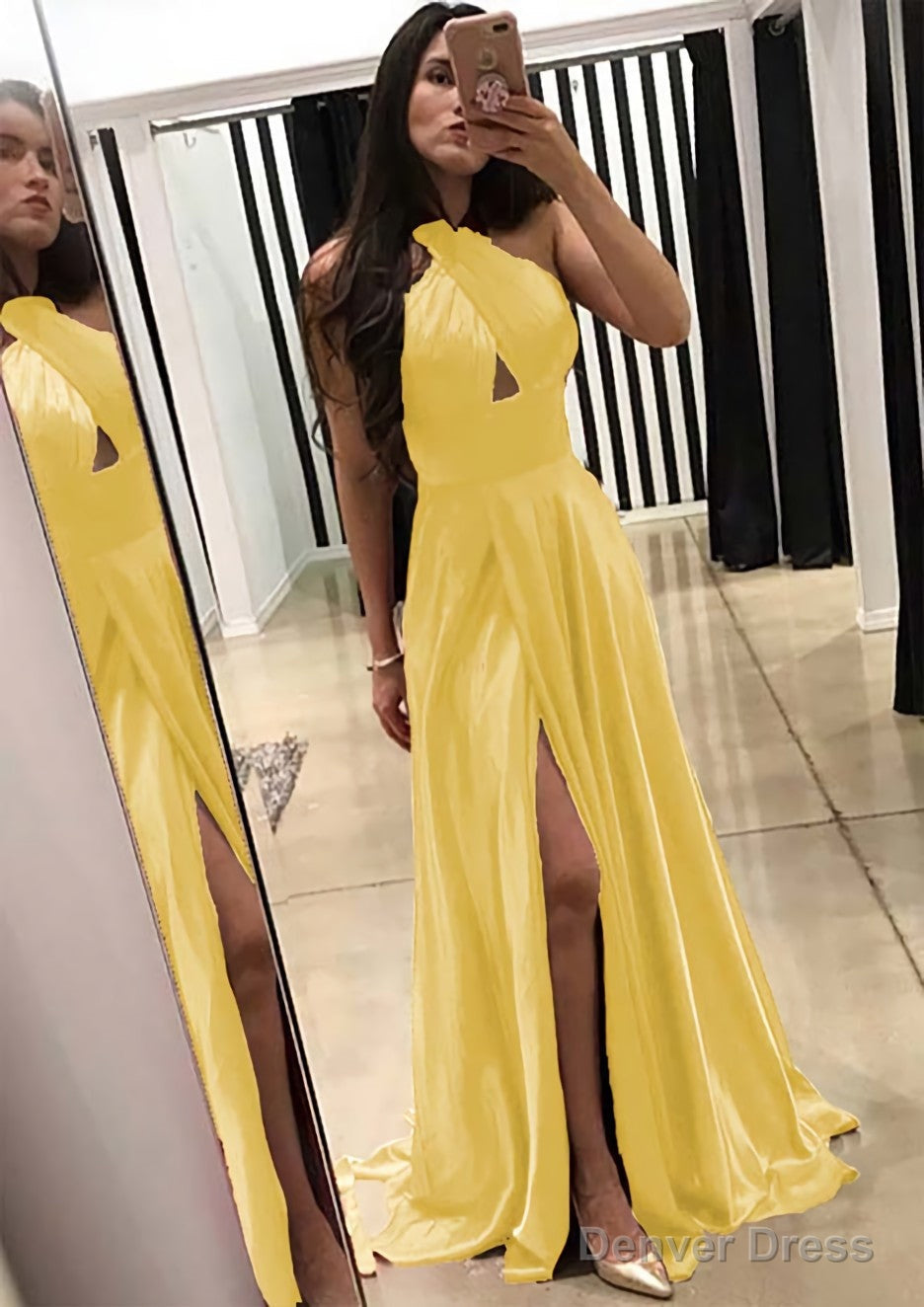 A Line Halter Sleeveless Sweep Train Charmeuse Prom Dresses With Split