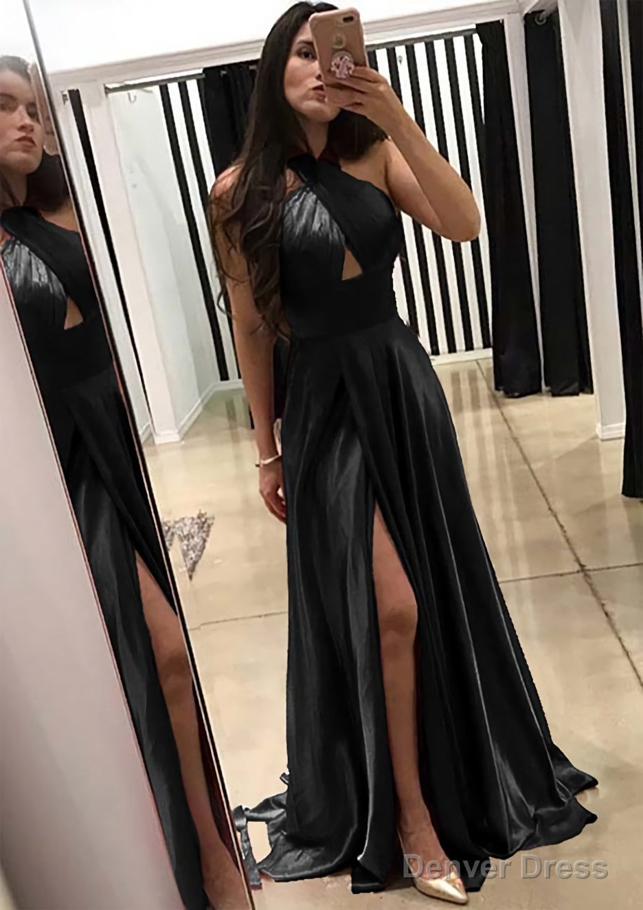 A Line Halter Sleeveless Sweep Train Charmeuse Prom Dresses With Split