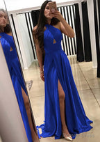 A Line Halter Sleeveless Sweep Train Charmeuse Prom Dresses With Split